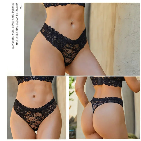 Strings sexy en dentelle pour femmes, slips taille basse, sous-vêtements doux pour dames, caleçons floraux, culottes florales, lingerie féminine, 3 pièces