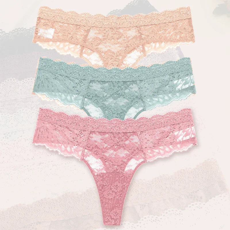Strings sexy en dentelle pour femmes, slips taille basse, sous-vêtements doux pour dames, caleçons floraux, culottes florales, lingerie féminine, 3 pièces