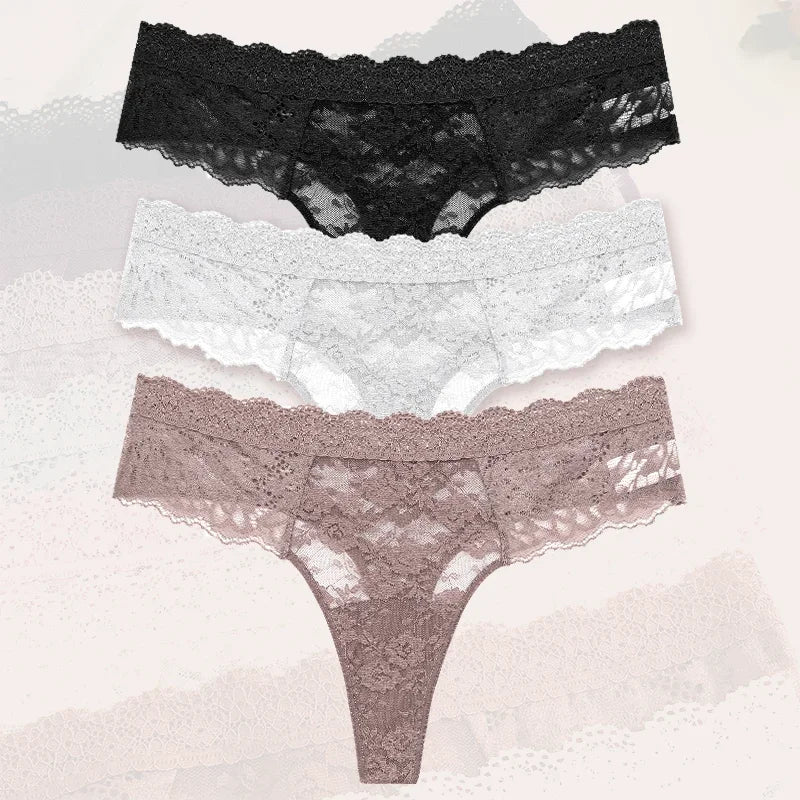 Strings sexy en dentelle pour femmes, slips taille basse, sous-vêtements doux pour dames, caleçons floraux, culottes florales, lingerie féminine, 3 pièces
