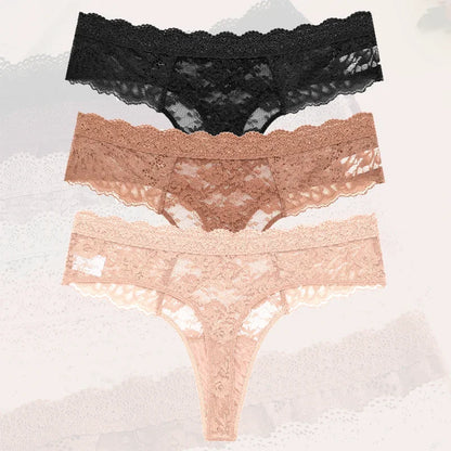 Strings sexy en dentelle pour femmes, slips taille basse, sous-vêtements doux pour dames, caleçons floraux, culottes florales, lingerie féminine, 3 pièces