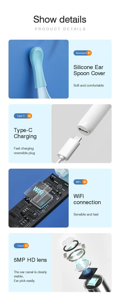 Endoscope d'oreille visuel sans fil avec caméra, outils de livres d'oreille, cuillère sûre, cure-oreille en silicone, dissolvant d'avertissement d'oreille, kanoscope Shoous, caméra 5MP