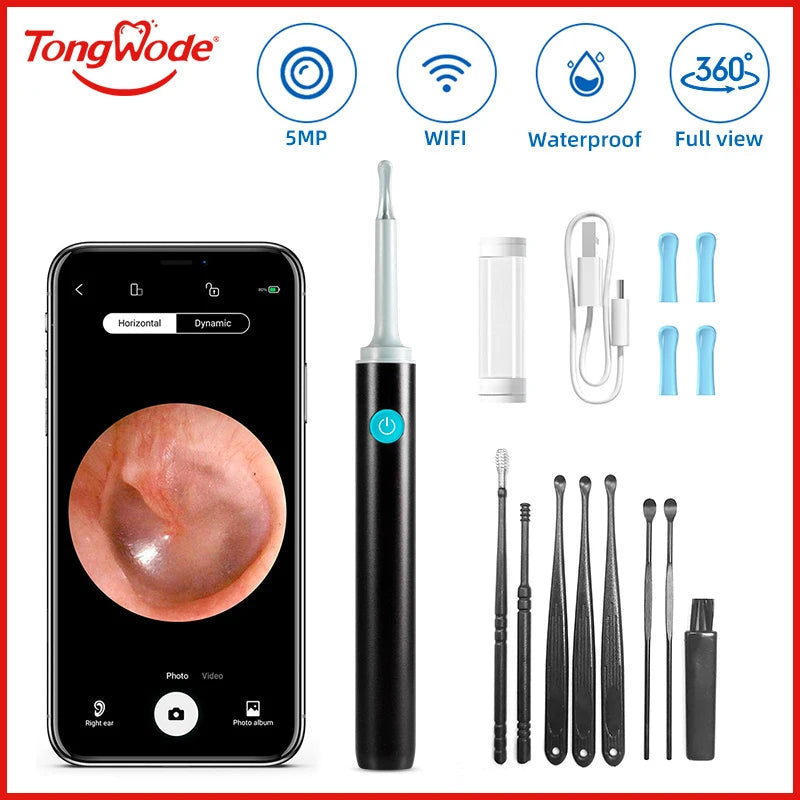 Endoscope d'oreille visuel sans fil avec caméra, outils de livres d'oreille, cuillère sûre, cure-oreille en silicone, dissolvant d'avertissement d'oreille, kanoscope Shoous, caméra 5MP