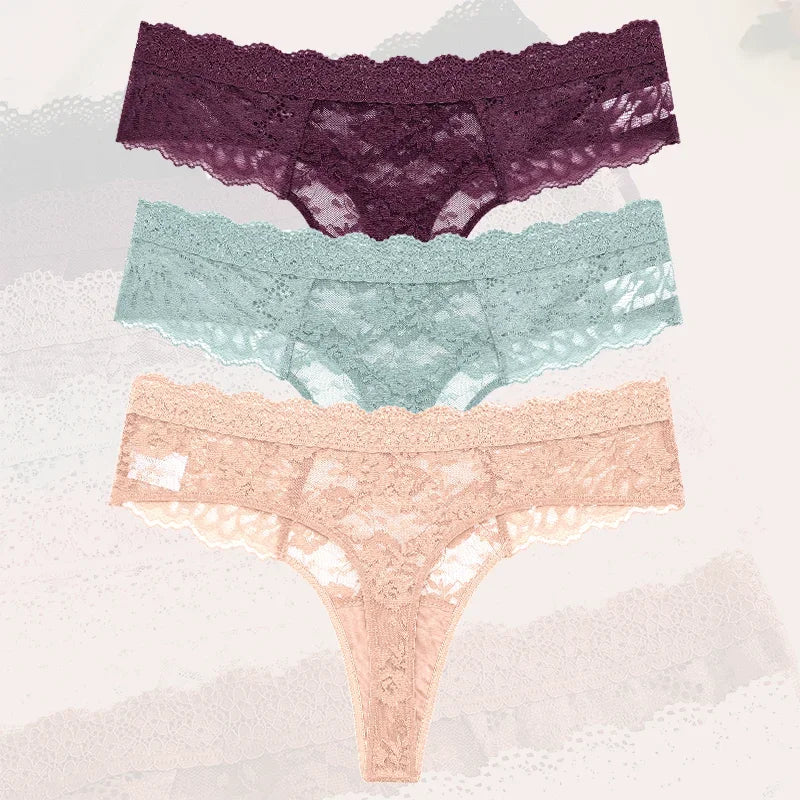 Strings sexy en dentelle pour femmes, slips taille basse, sous-vêtements doux pour dames, caleçons floraux, culottes florales, lingerie féminine, 3 pièces