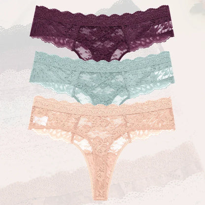 Strings sexy en dentelle pour femmes, slips taille basse, sous-vêtements doux pour dames, caleçons floraux, culottes florales, lingerie féminine, 3 pièces