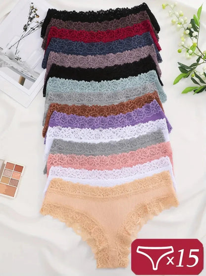 15 pièces femmes coton culottes Sexy dentelle intime sous-vêtements brésiliens couleur unie femme à la mode dentelle slips femme doux caleçons