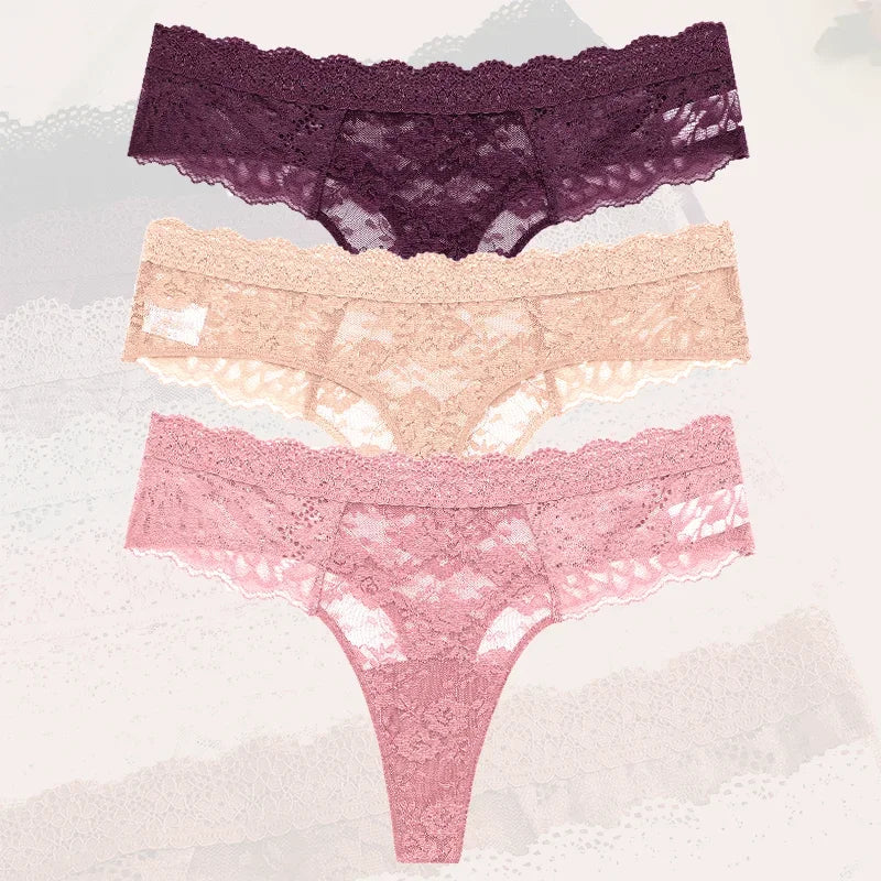 Strings sexy en dentelle pour femmes, slips taille basse, sous-vêtements doux pour dames, caleçons floraux, culottes florales, lingerie féminine, 3 pièces