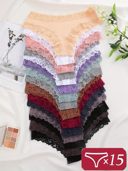 15 pièces femmes coton culottes Sexy dentelle intime sous-vêtements brésiliens couleur unie femme à la mode dentelle slips femme doux caleçons