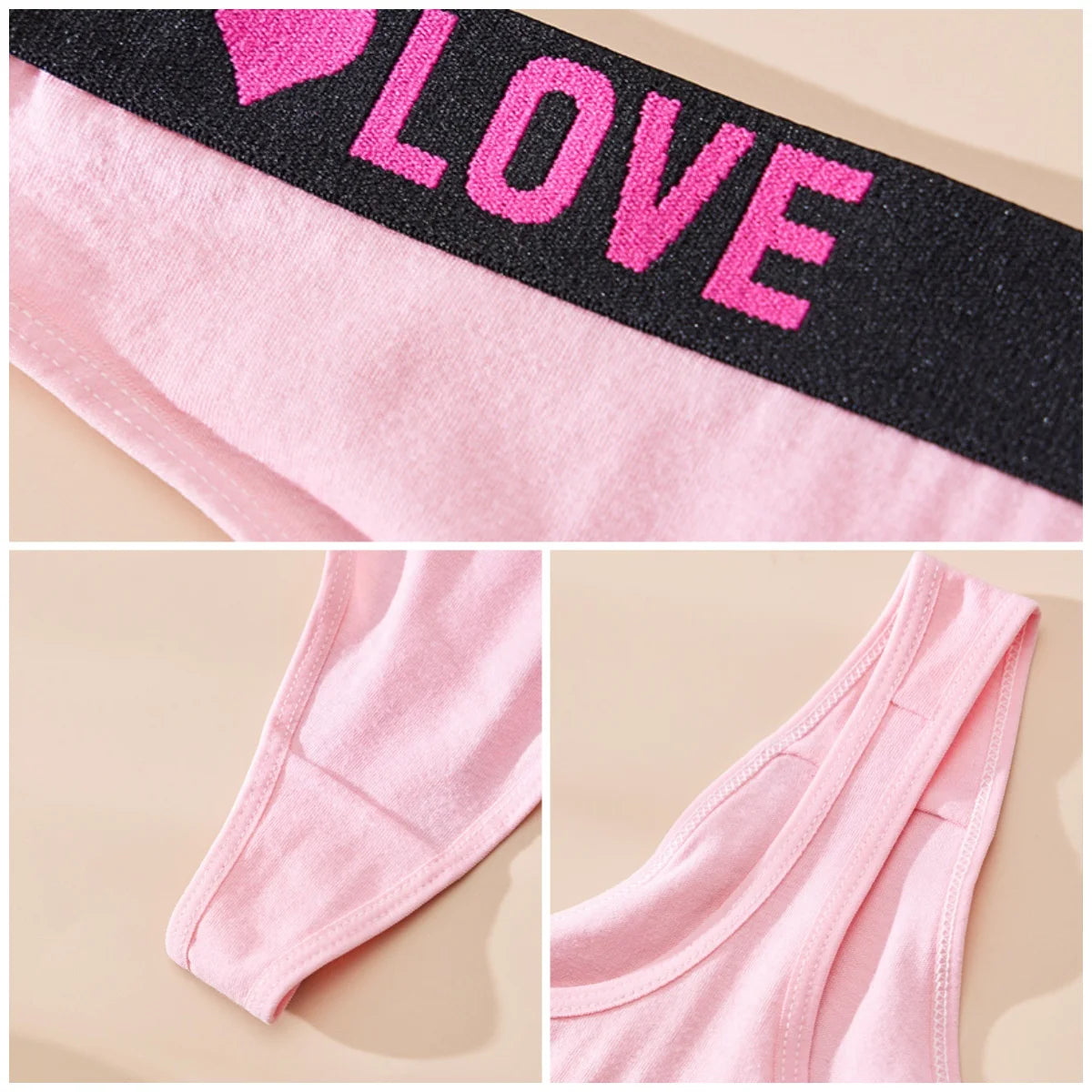 3 pièces taille basse amour coeur culottes femmes sous-vêtements en coton Lingeries Sexy tongs chaudes doux couleur unie lettre ceinture G-String