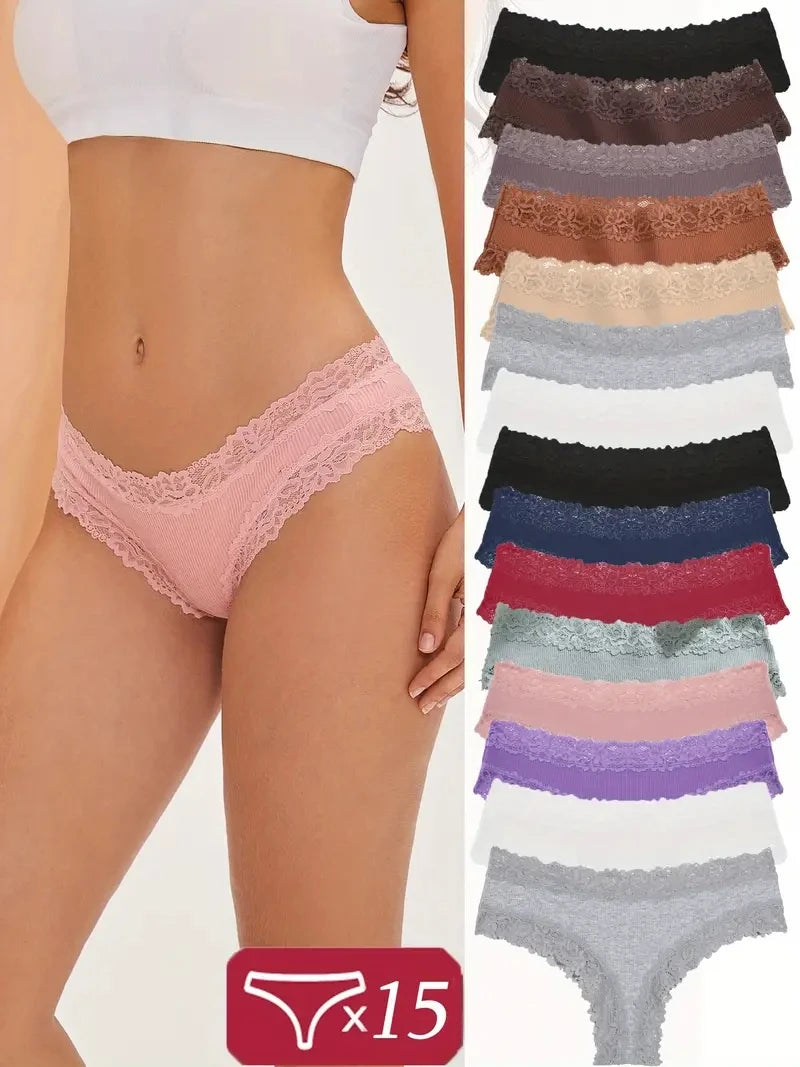 15 pièces femmes coton culottes Sexy dentelle intime sous-vêtements brésiliens couleur unie femme à la mode dentelle slips femme doux caleçons
