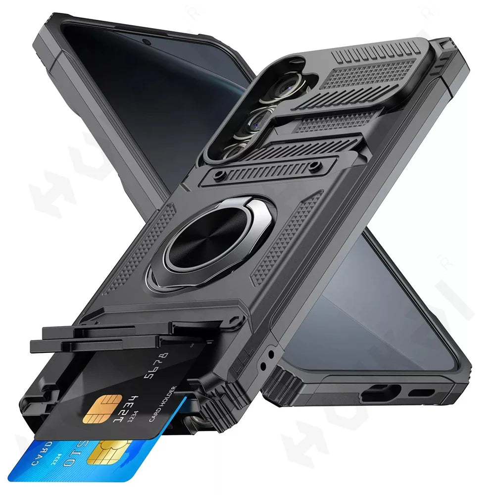 Coque pour Samsung Galaxy S25 Edge S24 S23 Ultra Plus FE A56 A36 A55 5G, anneau rotatif magnétique, béquille, chute lourde, portefeuille