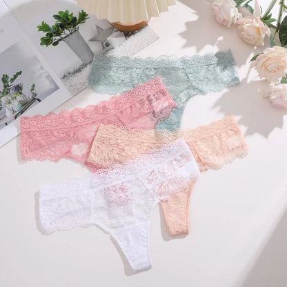 Strings sexy en dentelle pour femmes, slips taille basse, sous-vêtements doux pour dames, caleçons floraux, culottes florales, lingerie féminine, 3 pièces