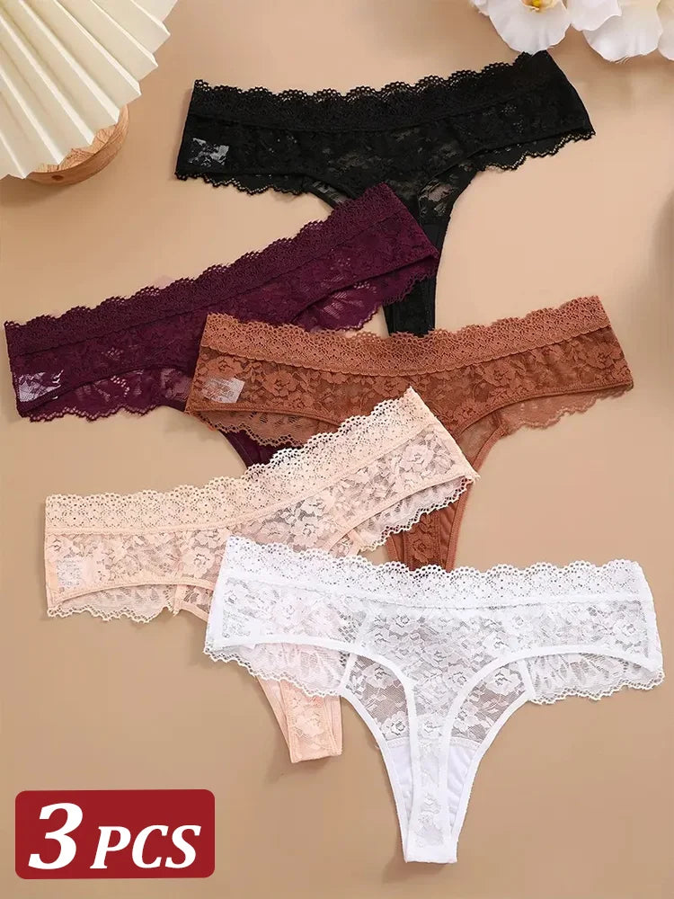 Strings sexy en dentelle pour femmes, slips taille basse, sous-vêtements doux pour dames, caleçons floraux, culottes florales, lingerie féminine, 3 pièces
