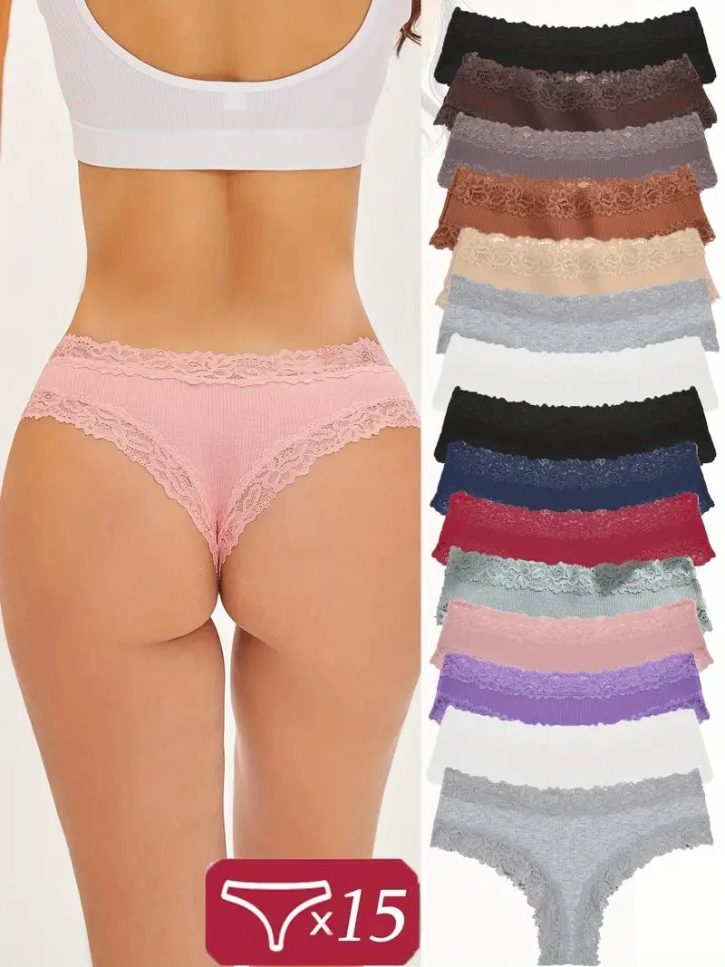 15 pièces femmes coton culottes Sexy dentelle intime sous-vêtements brésiliens couleur unie femme à la mode dentelle slips femme doux caleçons