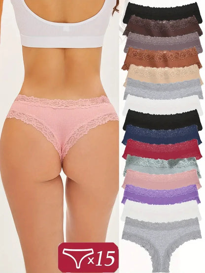 15 pièces femmes coton culottes Sexy dentelle intime sous-vêtements brésiliens couleur unie femme à la mode dentelle slips femme doux caleçons