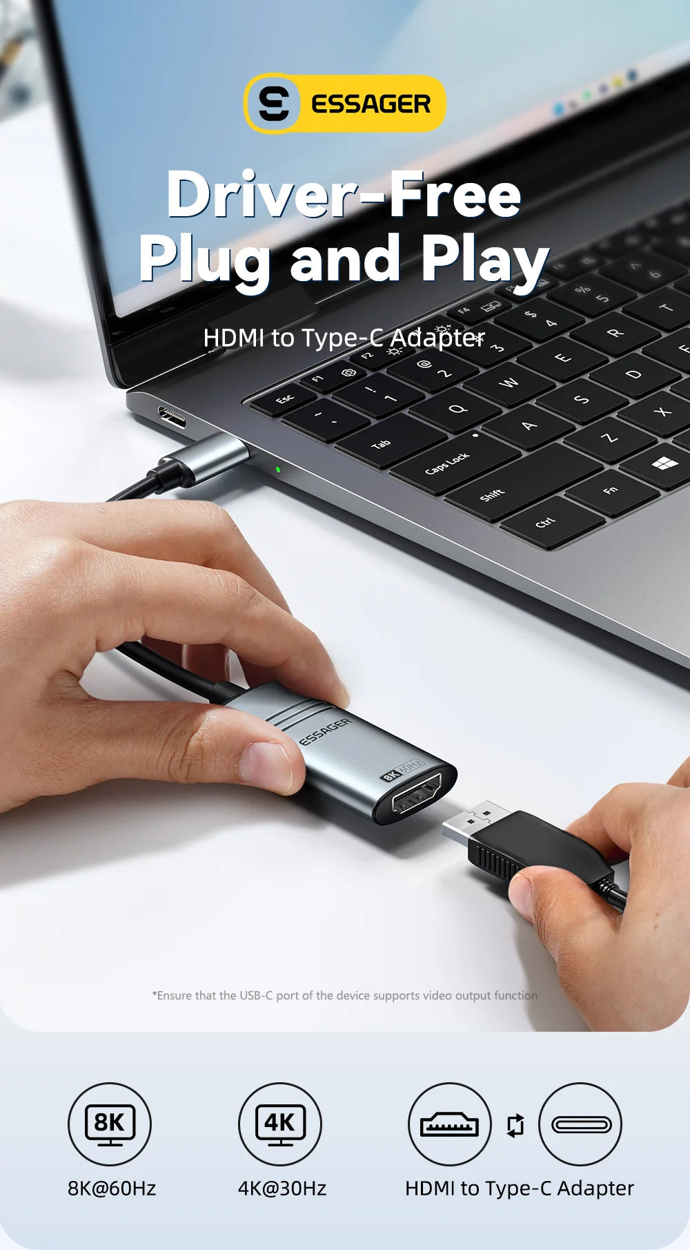 Essager adaptateur HDMI vers USB Type C pour iPhone MacBook Pro Air iPad Samsung Galaxy 8K @ 60Hz 4K @ 120Hz/144Hz convertisseur de câble TV HD