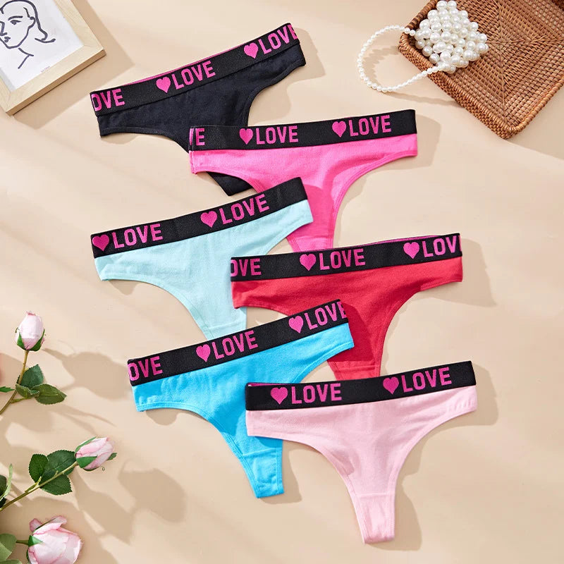 3 pièces taille basse amour coeur culottes femmes sous-vêtements en coton Lingeries Sexy tongs chaudes doux couleur unie lettre ceinture G-String