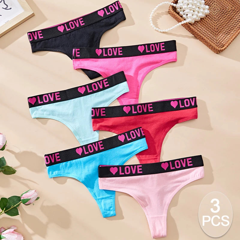 3 pièces taille basse amour coeur culottes femmes sous-vêtements en coton Lingeries Sexy tongs chaudes doux couleur unie lettre ceinture G-String