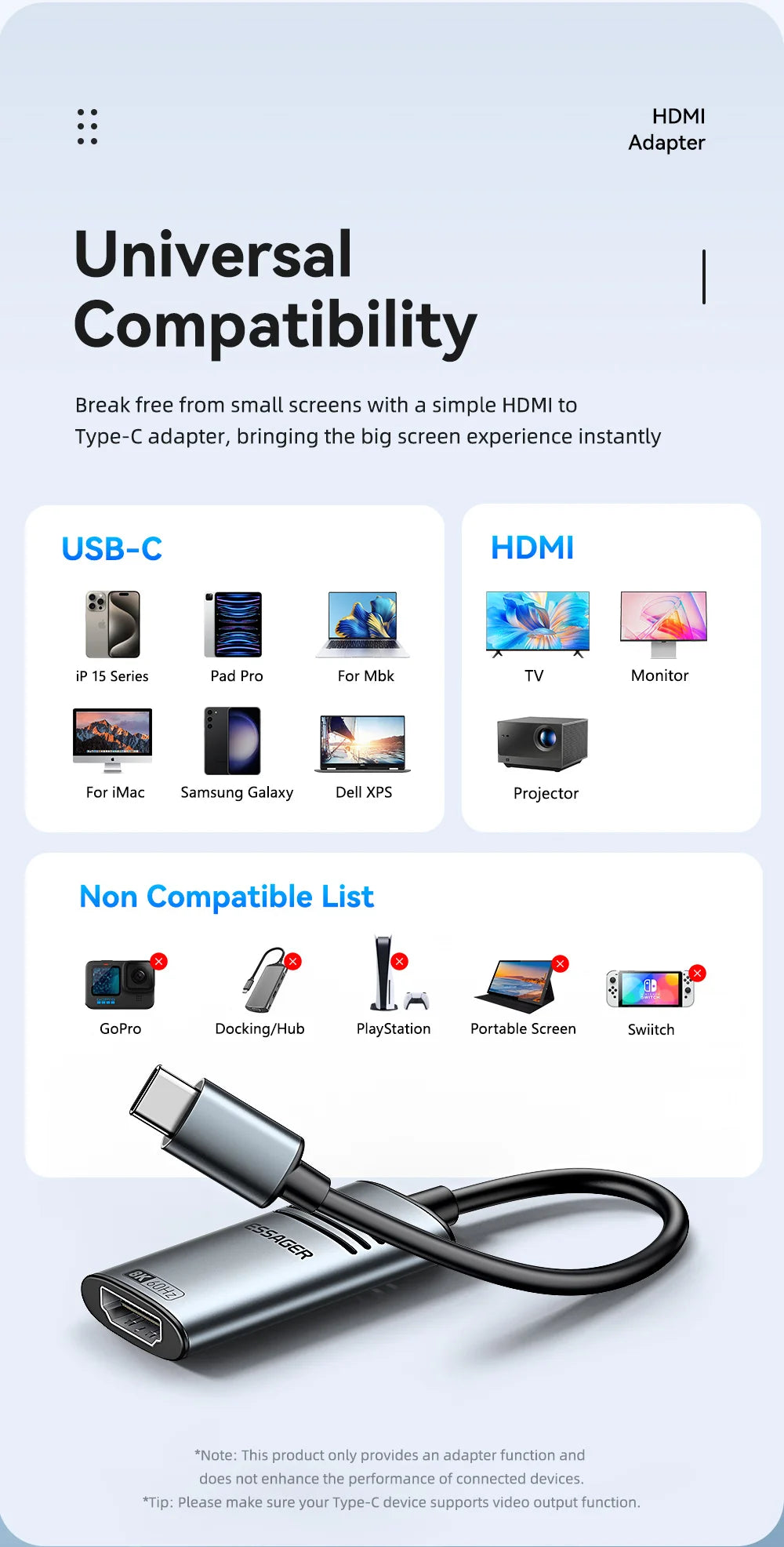 Essager adaptateur HDMI vers USB Type C pour iPhone MacBook Pro Air iPad Samsung Galaxy 8K @ 60Hz 4K @ 120Hz/144Hz convertisseur de câble TV HD