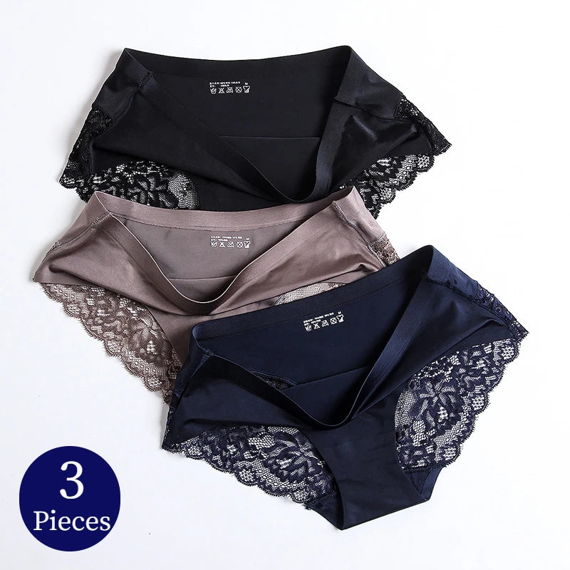TrowBridge 3 pièces/ensemble culottes pour femmes sous-vêtements en dentelle exquise Lingerie Sexy grande taille slips en Satin de soie douce caleçons doux et confortables