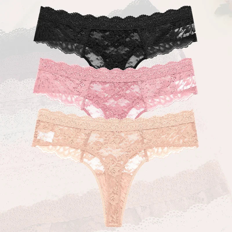Strings sexy en dentelle pour femmes, slips taille basse, sous-vêtements doux pour dames, caleçons floraux, culottes florales, lingerie féminine, 3 pièces