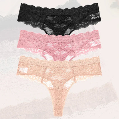 Strings sexy en dentelle pour femmes, slips taille basse, sous-vêtements doux pour dames, caleçons floraux, culottes florales, lingerie féminine, 3 pièces