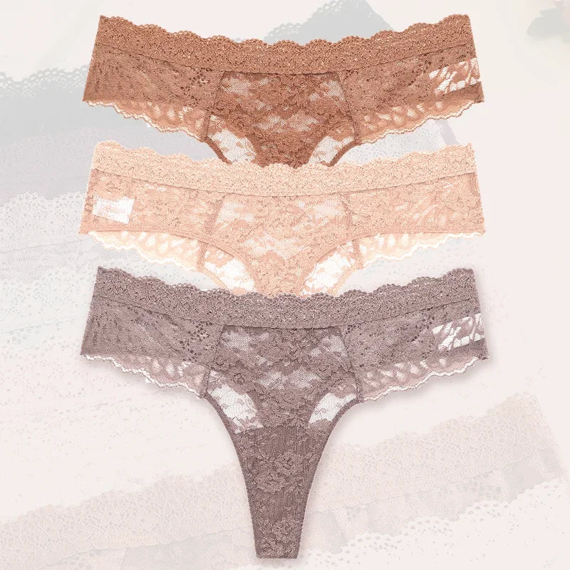 Strings sexy en dentelle pour femmes, slips taille basse, sous-vêtements doux pour dames, caleçons floraux, culottes florales, lingerie féminine, 3 pièces