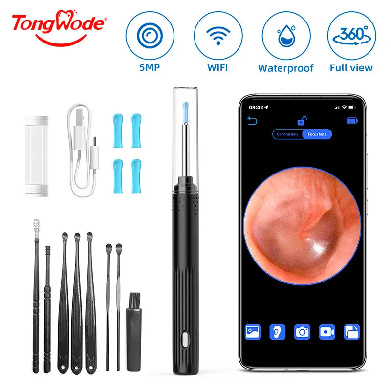 Endoscope d'oreille visuel sans fil avec caméra, outils de livres d'oreille, cuillère sûre, cure-oreille en silicone, dissolvant d'avertissement d'oreille, kanoscope Shoous, caméra 5MP