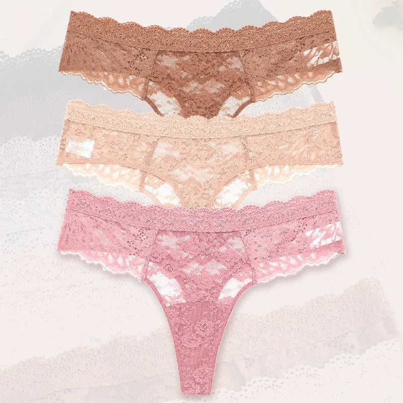 Strings sexy en dentelle pour femmes, slips taille basse, sous-vêtements doux pour dames, caleçons floraux, culottes florales, lingerie féminine, 3 pièces