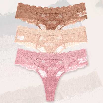 Strings sexy en dentelle pour femmes, slips taille basse, sous-vêtements doux pour dames, caleçons floraux, culottes florales, lingerie féminine, 3 pièces